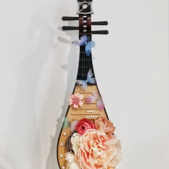 Decorative Pipa Musical Instrument with Silk Flowers Butterflies Pearls
